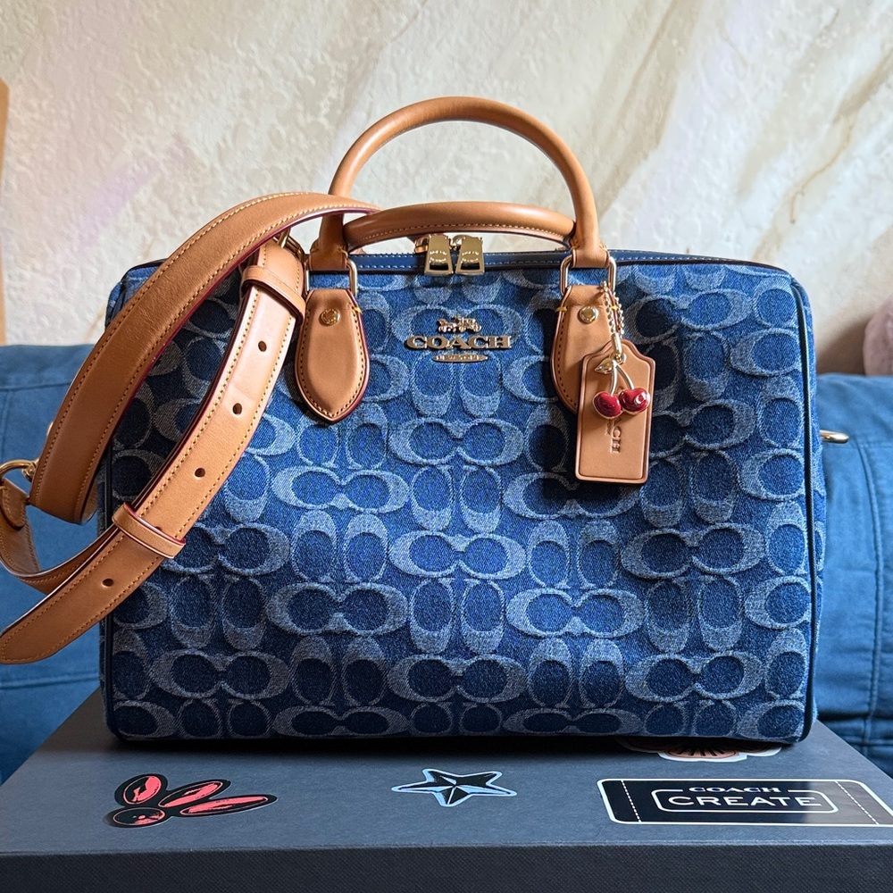 Coach Denim Blue and Tan Signature Satchel